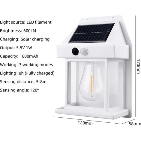 (1 pièce - Blanc) Applique solaire murale en tungstène étanche, sans fil, avec détecteur de mouvement, allumage automatique crépusculaire, éclairage extérieur compatible avec terrasse, porche et garag (1/5)