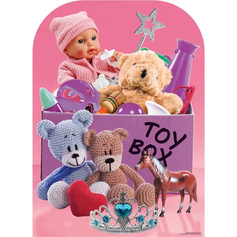 Figurine en carton passe tête coffre à jouet rose avec jouets 131 cm
