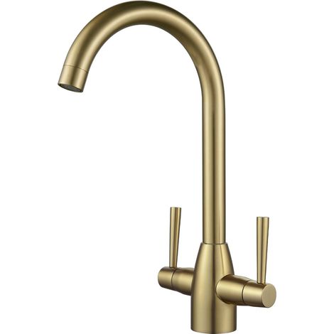 Robinet de cuisine doré col de cygne avec bec pivotant, tête de robinet double levier mitigeur monobloc de cuisine à arc élevé (1/5)