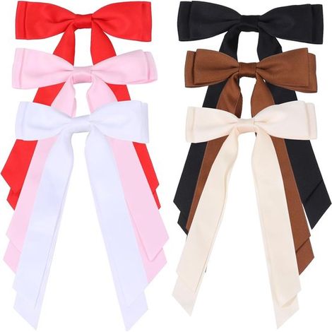 Set di 6 fiocchi per capelli in raso per donna – Fiocchi per capelli in raso morbidissimo con nastri lunghi accessori per capelli per ragazze (Nero, Bianco, Beige) (1/5)