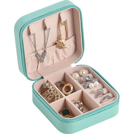 Étui de voyage pour bijoux, grande capacité, résistant aux rayures, boîte de rangement portable, idéal pour les déplacements extérieurs, bleu, 10x10x5 cm (1/5)