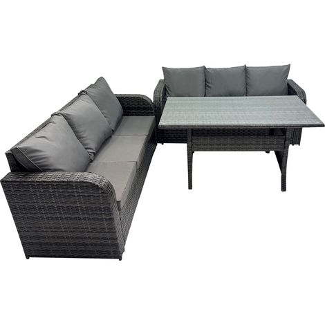 Fimous Dunkelgrau Polyrattan Gartenmöbel-Set Lounge Sofa 3 Sitzer Sofa Set Outdoor Rechteckiger Esstisch 6 Sitzer