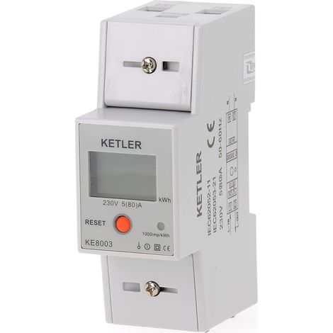 KETLER - KE8003 : Compteur électrique - Monophasé 80 A - Remise à zéro partielle - Sortie d'impulsion - Simple tarif