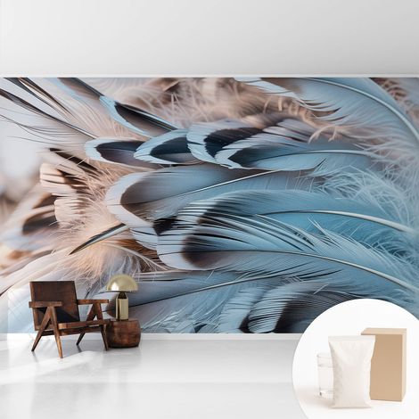 Papier peint décoratif avec colle pour salon, chambre à coucher et bureau – Design moderne et facile à poser Plumes bleues 416x254 cm (1/5)