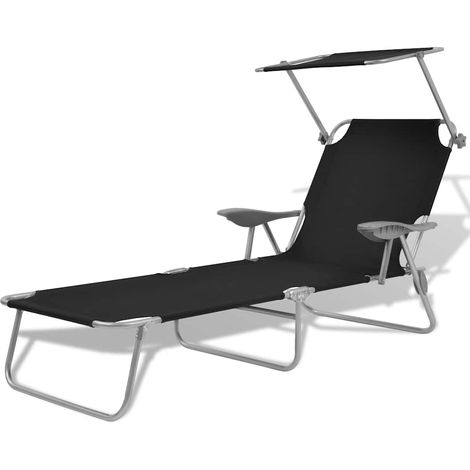 Chaise longue de jardin pliable avec auvent réglable en acier noir 58x189x27 cm - PANGIVO (1/5)