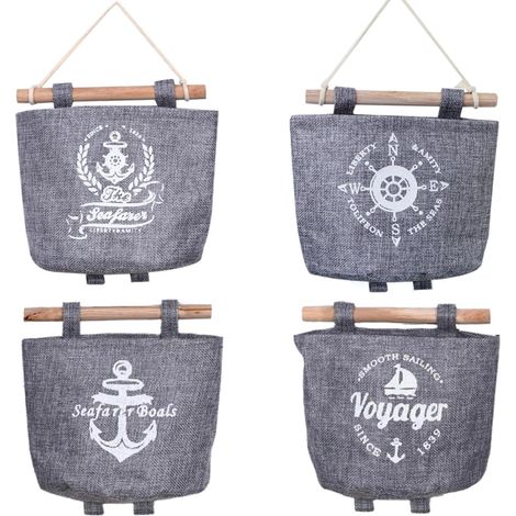 Sac de rangement suspendu 4 pièces, style maritime, gris, organiseur mural pour salle de bain. (1/5)