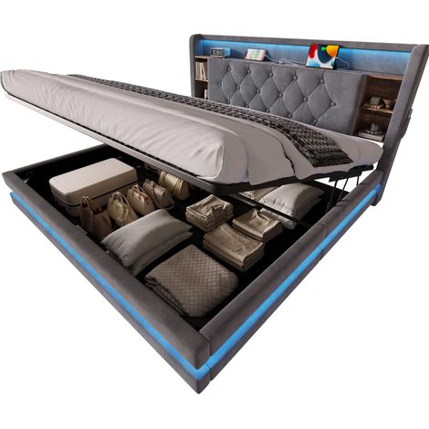 Lit coffre 160 x 200 cm en velours gris foncé avec LED, USB-C et rangements (1/5)