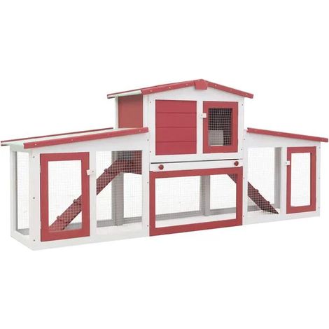 Grande cage d'extérieur pour lapin, rouge et blanche, 201x45x85 cm, en bois.