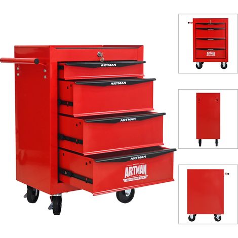 Carrello per Utensili 52.4x33x77.7 cm, 4 Cassetti, con Ruote Bloccabili, in Acciaio, Rosso, per Officina e Garage (1/5)