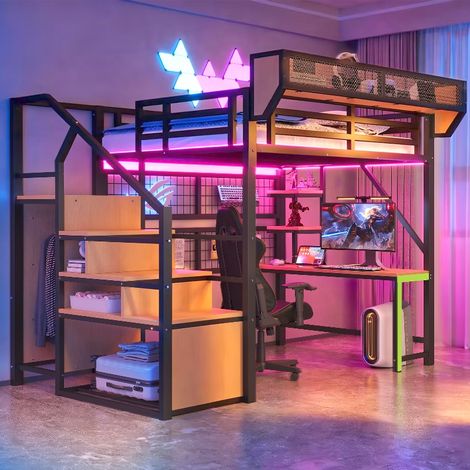 Metall Hochbett 140x200 cm mit Schreibtisch, Stauraumtreppe und LED-Beleuchtung, Loftbett aus Metall mit Steckdose und Regal, Schwarz (1/5)