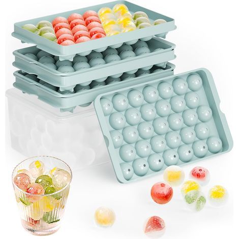 Round Ice Cube Trays with Lid and Box - Set of 3 Stackable Trays for Small Ice Balls, 99 Round Ice Cubes for Chilling Whiskey, Cocktails, Coffee - Easy-Release Spherical Ice Cube Tray (1/5)