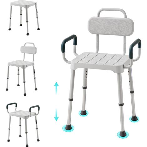 VEVOR Chaise de Douche Accoudoirs et Dossier Capacite 181 kg Siege de Bain, Tabouret de Baignoire a Hauteur Reglable sur 6 Niveaux, Pieds Antiderapants pour Personnes Âgees, Handicapees et Blessees (1/5)