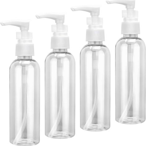 Juego de 4 botellas vacías con bomba, botellas de viaje transparentes de 100 ml, botella de viaje de plástico con bomba, dispensador de loción, para maquillaje, loción y champú.