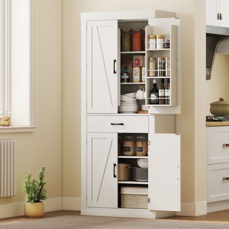 Despensa de cocina estilo rústico con 2 armarios, 6 estantes y cajón, fabricada en madera, 76 x 39,5 x 183,5 cm, color blanco. (1/5)