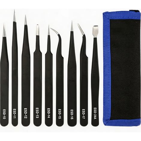 Kit 9 Pièces Pince Brucelle de Précision ESD, Pince a Epiler Antistatique en Acier Inoxydable avec Sac en Toile, Outils Modelisme pour Électronique Bijoux Laboratoire Réparation Montre Soudure (1/5)
