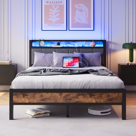 Bett 140x200 cm Industrial aus MDF und Metall in Antikbraun, Stauraum-Kopfteil mit LED und USB (1/5)