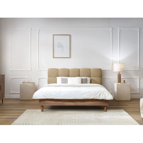 BOBOCHIC - Lit KUMO tissu lisse lattes massives pieds en bois naturel 180x200 Beige (1/5)