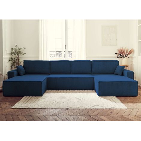 Dellia – wohnlandschaft u-form – 7-sitzer – mit schlaffunktion – mit bettkasten – aus cord - schieferblau