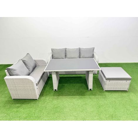 Fimous Garden Furniture Set PE Ratten Garden Sofa Set with Rectangular Dining Table Big Stool Light Grey (1/4)