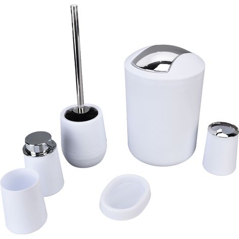Set aus 6 weißen Chrom-Badezimmeraccessoires: Abfalleimer, Zahnbürstenhalter, Seifenschale, Hotel-Toilettenartikel-Set. (1/5)