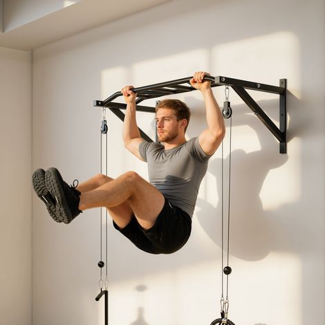 Barre de traction murale barre de fitness multi-prise système de poulie à câble charge 200kg, acier 126x60x45,5cm, noir (1/5)