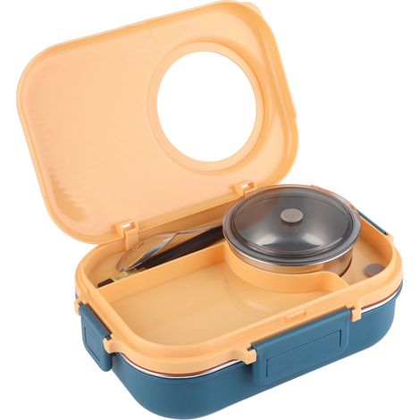 Isolierte Lunchbox aus Edelstahl 304, doppelwandig, tragbar für Schüler, mit Fächern, Suppenschüssel, Besteck, blau und gelb, 1100 ml (1/5)