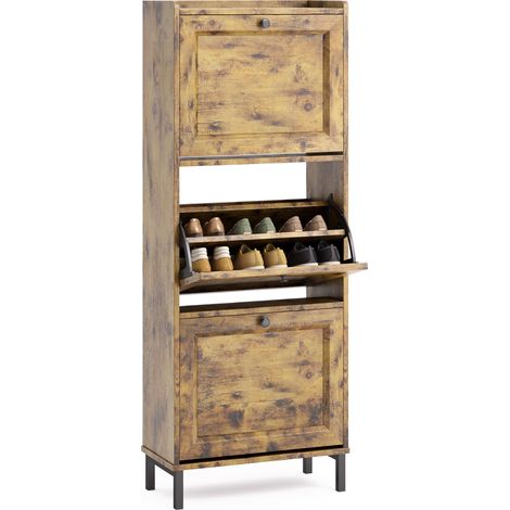 Armoire à Chaussures Bealife Meuble Rangement 3 Abattants pour 18 Paires Profondeur 24 cm Marron Vintage 50 x 24 x 118 cm (1/5)