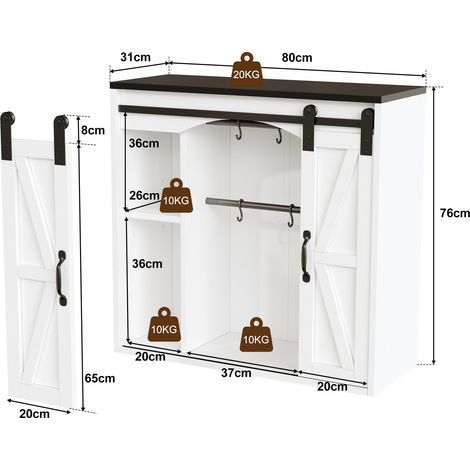 Placard mural de cuisine avec 2 portes coulissantes et étagères réglables, placard suspendu de rangement pour salon, salle de bains et buanderie,, 80 × 31 × 76 cm (1/5)