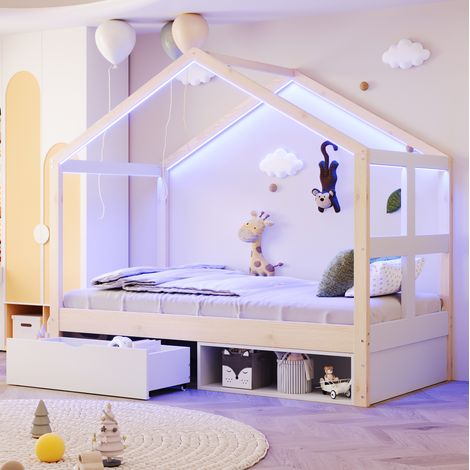 Letto bambini 90x190 cm con cassetto, vano portascarpe e LED in legno, naturale, senza materasso (1/5)