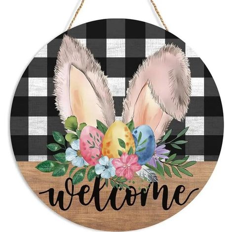 Décoration de porte en bois « Bienvenue à Pâques », plaque ronde noire en forme de buffle avec oreilles de lapin, motif floral et œufs, panneau festif à suspendre pour porte d'entrée, porche, mur et d (1/5)