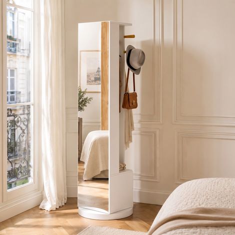 Miroir sur Pied psyché rotatif 3 en 1, colonne chevalière pivotante 360° avec porte-manteau, 2 tiroirs et 4 crochets, Blanc (1/5)