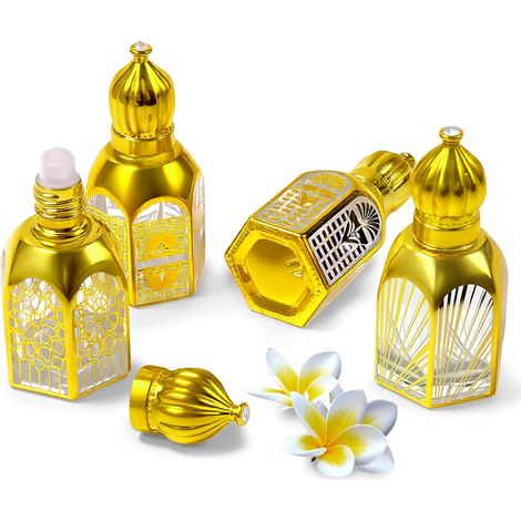 4 Bottiglie Roll On in Vetro Vuote da 17 ml, Set di Bottiglie Roll On Vuote per Olio Essenziale con Sfera di Vetro, Flacone Roller Oro Vintage, Ricaricabili per Profumo, Aromaterapia, Massaggi, Viaggi (1/5)