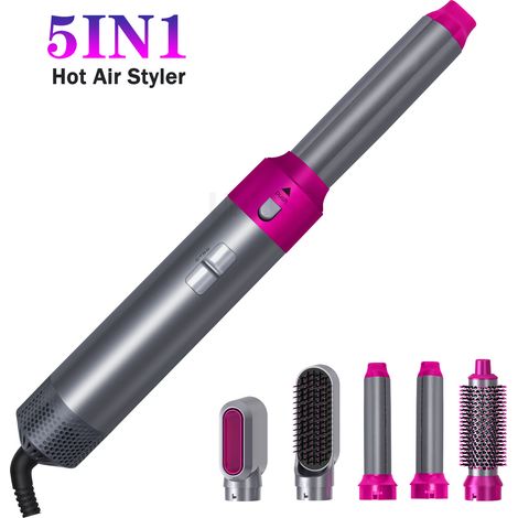 Bâton de coiffage à air chaud 5 en 1 - Sèche-cheveux/peigne multifonctionnel à ions négatifs - Violet-gris (1/5)