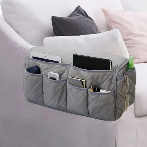 Borsa portaoggetti da bracciolo per divano con 14 tasche, ideale per riporre cellulari, telecomandi, riviste, occhiali, iPad, ecc. (grigio) (1/5)