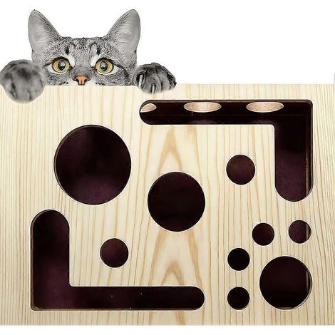Boîte en bois pour lime à ongles pour chat, boîte à griffoir puzzle pour chat, jouet puzzle labyrinthe à griffoir pour chat, comprend une balle à clochette et du papier de verre. (1/5)