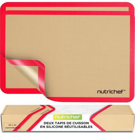 Tapis Cuisson Silicone Grand Format 62 x 42 cm Lot de 2 – Tapis Four Antiadhésif Réutilisable, Résistant Jusqu'à 250 °C, Compatible Congélateur et Lave-Vaisselle, Rouge (1/5)
