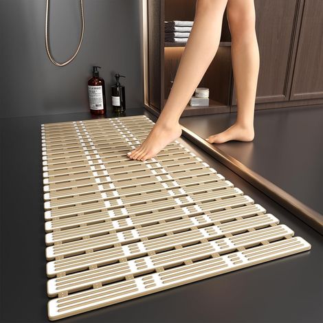 Tapis de bain antidérapant 90 x 40 cm - Tapis de douche antidérapant avec ventouse et trous d'évacuation - Tapis de bain, lavable en machine (beige) (1/5)
