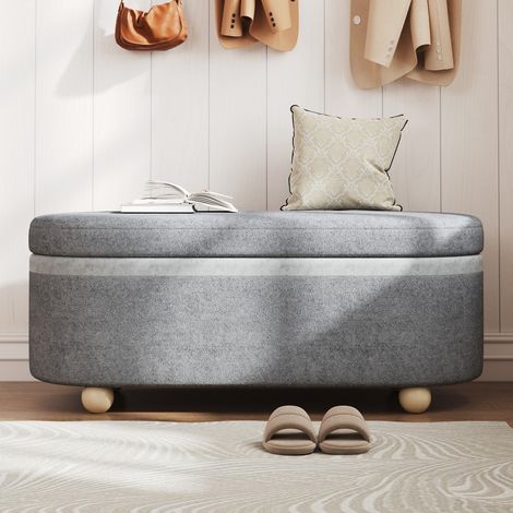 Banc d'entrée-rangement revêtement polaire douce-pieds bois-couvercle charnières-110x41x47cm (1/5)