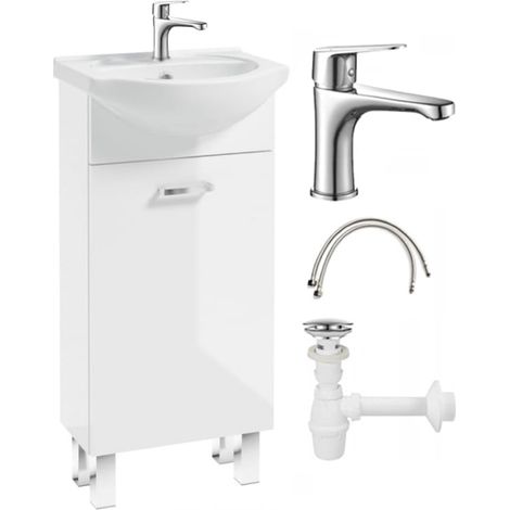 Mobile da bagno con lavabo bianco lucido 40x84 su gambe Mea con rubinetto cromato allungato