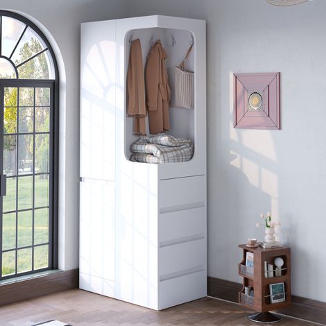 Armoire 1 porte avec 4 tiroirs et espace penderie ouvert, 70x40x170 cm, blanc et bois (1/5)