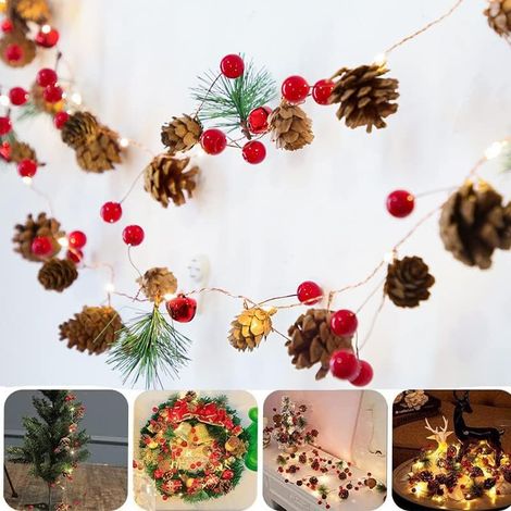 Guirlande Lumineuse de Noël avec Cône de Pin Rouge Berry Bell 200cm Guirlande Lumineuse Pomme de Pin, Décoration de Baies Rouges de Noël, Couronne Noel avec LED (Pas de Piles) (1/5)