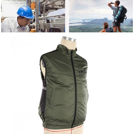 Gilet d'été rafraîchissant avec ventilateur intégré, vêtement climatisé, gilet de recharge, vêtement de travail rafraîchissant et de protection solaire, XL, vert armée. (1/5)