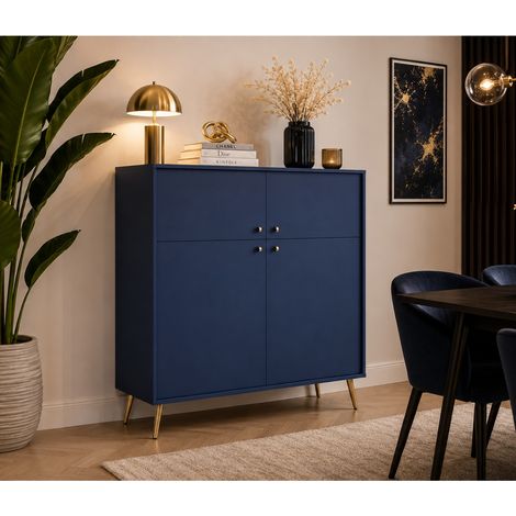 Buffet haut moderne 4 portes bleu et pied doré EZIA (1/5)