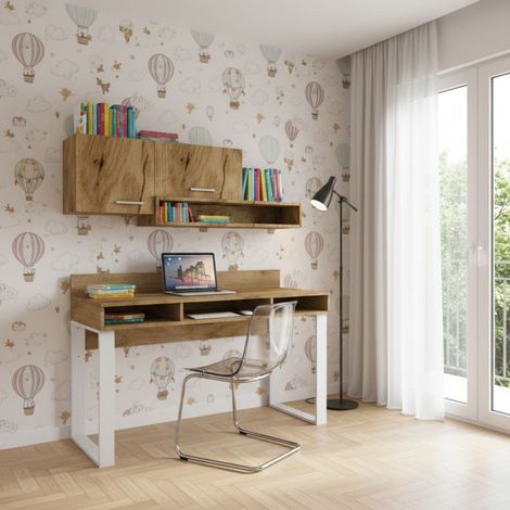 Scrivania con pensili design moderno e libreria sospesa - Angolo studio completo - Quercia