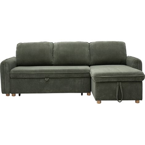 Canapé d'angle convertible réversible avec coffre 3 places en tissu velours côtelé vert kaki et bois clair ORSO (1/5)