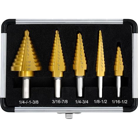 5 Pièce Foret a Etage Metal, (5 – 13 mm, 3 – 13 mm, 6 – 19 mm, 5 – 22 mm, 6 – 35 mm) Foret Conique Étagé HSS Titane, Bois, Fraiseuse a Metaux, Coffret Aluminium pour Électriciens (1/5)