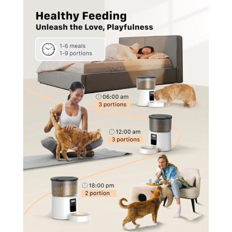 Distributeur automatique de nourriture pour chats avec minuterie programmable, 1 à 6 repas par jour, couvercle à bouton-poussoir et fonction d'enregistrement. (1/3)