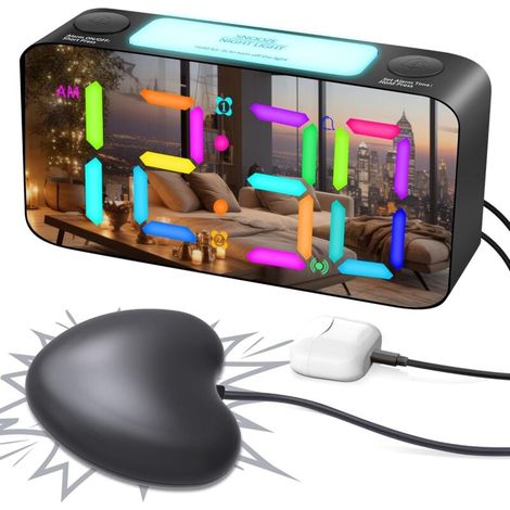 Extremely Loud Vibrating Alarm Clock with Vibration Function for Bedside for Deaf/Sleeping/Hard of Hearing, RGB Digital Alarm Clock for Kids Room, Big Numbers/USB Charger/Night Light/Memory to Turn Of (1/4)