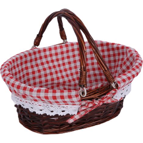 Panier tissé en rotin avec double poignées, polyvalent, portable, pour les activités du festival de pique-nique, à carreaux marron et rouge, petit (1/5)