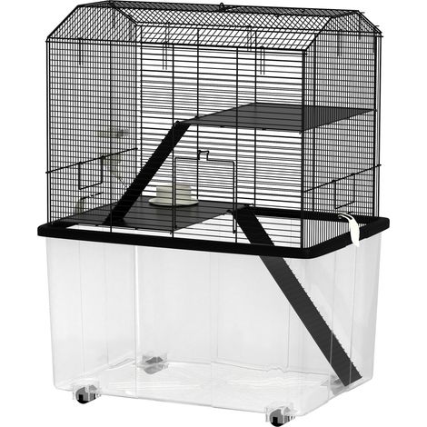 Cage hamster cage rongeur 3 étages avec roulettes plate-forme et échelle en fil d'acier 57 x 43 x 74 cm noir